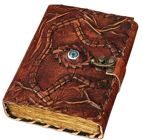 Vintage Leather Journal with Spell Eye Journal Hocus Pocus Book of Shadows Lock Closure 200 Antique Deckle Edge Paper Leather Book of Shadows Grimoire Journal Sketchbook & Writing Journal 7x5 Inch