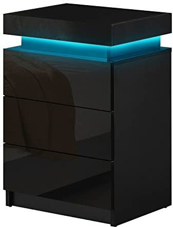 CLIPOP Table de Chevet à 3 tiroirs avec lumières LED, Table de Nuit LED pour Salon, Table d'appoint Chambre à Coucher (Noir)