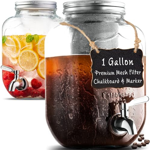 Cafetière à infusion froide de 3,8 L, avec filtre en maille de 3e génération et robinet en acier inoxydable, grand bocal Mason en verre extra épais, cafetière à café glacé et pichet à thé solaire