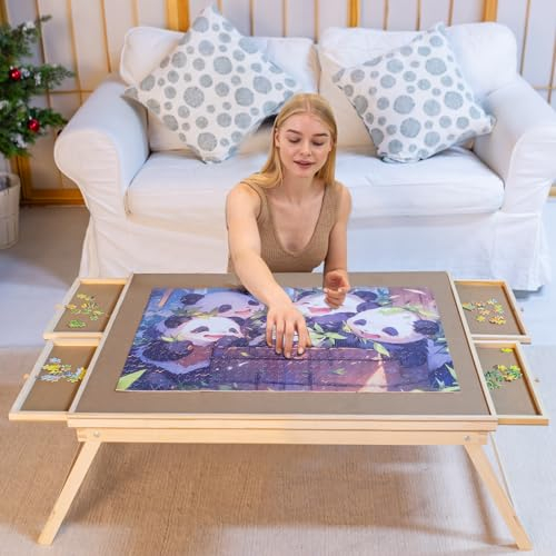 Aloftopz 1000 Stück Holz-Puzzle-Tisch mit Beinen, 55,9 x 76,2 cm, Puzzlebrett mit 4 Schubladen und Schutzhülle, tragbarer Puzzle-Tisch für Erwachsene und Jugendliche