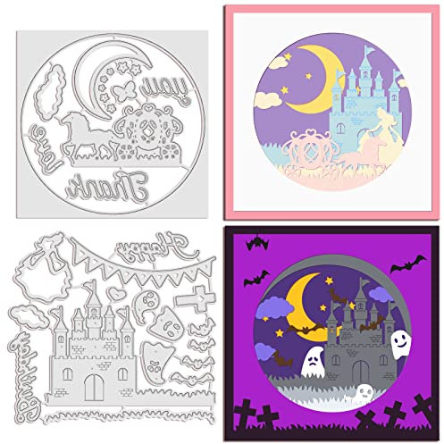 INFUNLY 2 stücke Schloss Stanzformen Metallfee Stanzformen Kürbis Wagen Prinzessin Halloween Stil Prägeschablone Für Kartenherstellung Scrapbooking