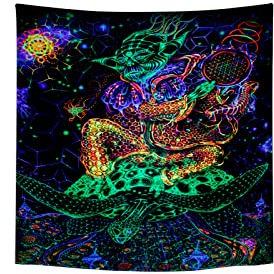 Roninkier Wandteppich Anime Psychedelic-Fluoreszierend Tapisserie - Schwarz UV Wandtücher Gothic Wandbehang Aesthetic Wanddekoration Abstrakte Kunst Wandtuch für Schlafzimmer,95x73cm