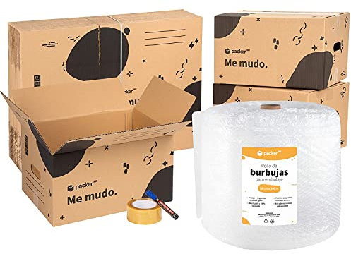 packer PRO Pack Mudanza con 5 Cajas Carton Mudanza 60x40x40cm, 10 Cajas Carton Mudanza 43x30x25cm, Cinta Adhesiva, Rollo de Burbujas para Embalaje, Rotulador Permanente