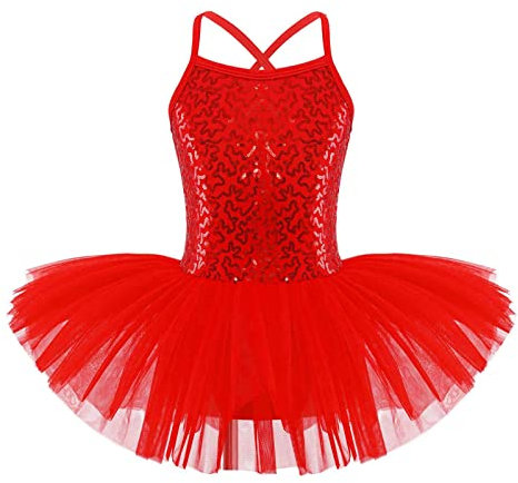 iEFiEL Mädchen Ballettkleid Kinder Tanzkleid Ballett Trikot Glitzer Ballettanzug Mit Tütü Röckchen Pailletten Kleid Performance Tanzkleidung X Rot 110-116