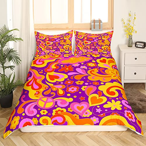 Homewish 1960Er 1970Er Jahre Bettwäsche Set für Mädchen Frauen,Disco Hippie Indie Blume Bettbezug 155x220,Bunte Funky Sommer Blumen Bettbezug,Bohemia Groovy Garten Blume Bettbezug mit 2 Kissenbezüge