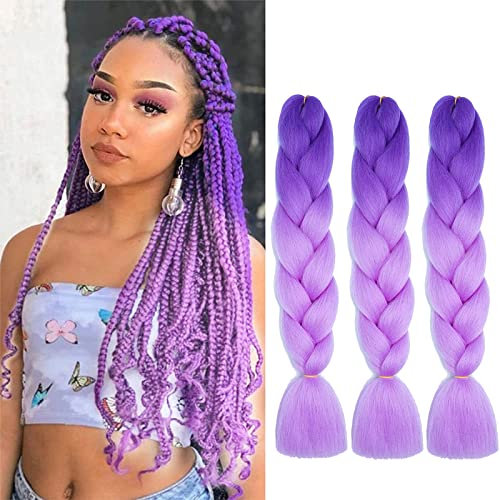 Treccine Africane Extension Capelli 24 Kanekalon Hair Treccia Capelli, 3Pezzi Ombre Braiding Hair Sintetici Jumbo Braids Intrecciare I Capelli Estensioni(viola - viola chiaro)