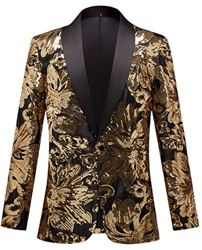 Pailletten Floral Anzug Jacke Männer Schalkragen Smoking Blazer Herren Hochzeit Party Prom Blazer Gold S