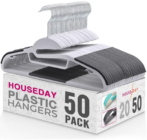 HOUSE DAY 50 Stück Kleiderbügel Kunststoff - Plastik Kleiderbügel Nass und Trocken Rutschfester Kleiderbügel Platzsparend Kunststoff Strapazierfähig 360°Haken Kleiderbügel(Grau/mit schwarz Gummistab)