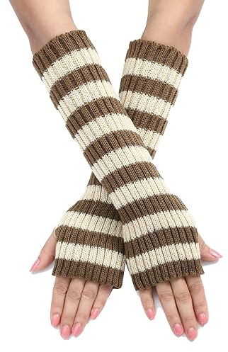 ILUFAM Women Girls Knitted Arm Warmer Striped Fingerless Gloves Thumb Hole Wrist Warm Gloves Winter (Khaki&Beige)