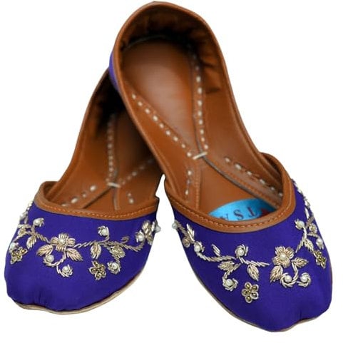 Women Ladies Traditional Embroidery Ethnic Bridal Handmade Leather Violet with Golden Embrodiary Flat Khussa Indian Pumps Slip On Shoes (3)
