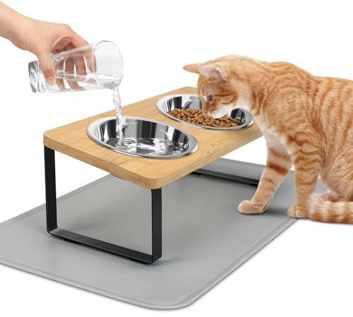 ACEONE Elevated Cat Bowls with Non Slip Mat, 15° Tilted Raised Anti Vomit Cat Feeder for Food and Water, Pet Feeding Station with 2 Stainless Steel Bowls