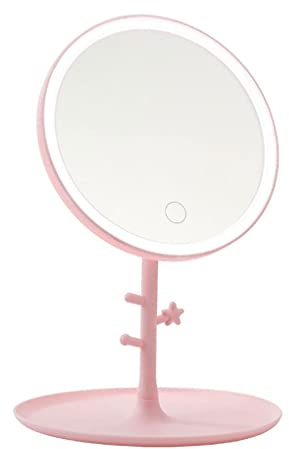 GRSTREE Spiegel mit Beleuchtung LED Wiederaufladbare Touch Dimming Make-up Kosmetikspiegel rund, 3 Farbe Helligkeit Einstellbar Abnehmbarer Tragbarer Tischspiegel(Rosa)