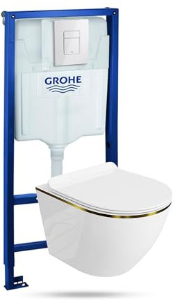 Lavita Vorwandelement Solido + Wand Hänge WC Sofi Slim Gold Line Spülrandlos + WC Sitz mit Absenkautomatik Glänzend Weiß Knopf Komplettset Unterputz Spülkasten Toilette Komplett Sett WC