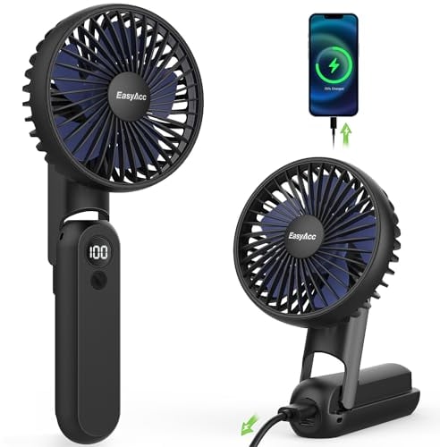 EasyAcc Handheld Fan, Portable Digital Display & 5 Speeds Desk Fan with Backup Power/lanyard/180°Foldable USB C Rechargeable Personal 2.5-18hrs Mini Hand Held for Travel Makeup Office