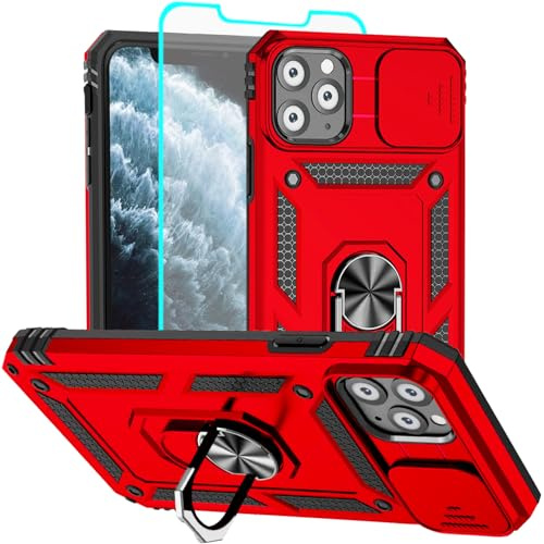 Aozuoton for iPhone 11 Pro Case with Screen Protector：Dual Layer Military Grade Drop Protection Magnetic Ring Kickstand - Camera Lens Protective Phone Case for iPhone 11 Pro red