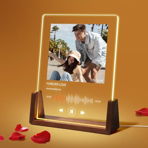 NIBESSER Placa Spotify Personalizada Lampara Personalizada con Foto de Metacrilato Con Luz y Base de Madera Opcionales Regalo Personalizado para Pareja Aniversario Novio Amigos Familiares