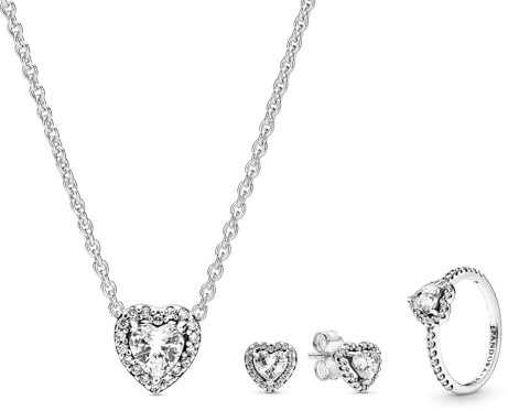 PANDORA Damen Schmuck-Set Kette, Ohrringe und Ring Herz 68333-52 Ringgröße 52/16,6