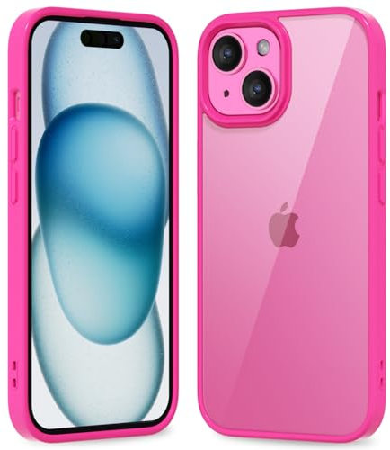 oakxco Thin Slim Clear case for iPhone 15 Plus/ 14 Plus, Transparent Hybrid Hard Shell Plastic & Soft Silicone Rubber Bumper, Non-Yellow Acrylic Protective Lightweight Cover for Women, Hot Pink
