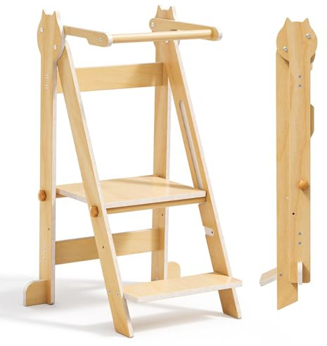 Aoykkii Tour d'apprentissage Pliable Réglable en Hauteur sur 2 étages,Tour d Observation Enfant de 1 à 6 Ans pour Enfants Montessori Learning Bois Naturel Kitchen Helper Sécurité (Couleur du Bois)