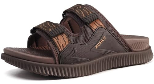 KuaiLu Mens Walking Slide Sandals Orthotic Athletic Thick Cushion Recovery Sport Sandles Adjustable Strap Open Toe Slip On Yoga Mat With Comfortable Plantar Fasciitis Arch Support Brown Size 10