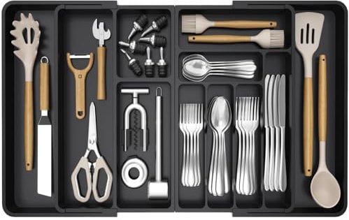 Lifewit Grande Organizador Cubiertos para Cajon, Plástico Bandeja Utensilios de Armario Cocina, Extensible de 54.1cm a 91.4cm, Separador de Cuchara Tenedor Cuchillo Pala Herramientas Pequeñas, Negro