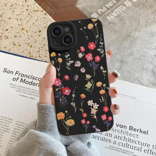 Floral Case for iPhone 15 6.1, Flower Pattern with Cute Design Cover, Floral Stylish Silicone Bumper, Soft Slim TPU All-inclusive Lens Shockproof Elegant Cover (Black 01, 15)