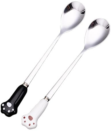 Pet Food Spoon, Paw Cat Can Spoon Stainless Steel Cat Wet Food Spoon Dog Spoon for Feeding Pet Wet Food,dog food fork 2 Pieces(Black&White)