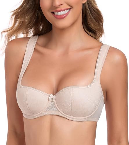 Lemorosy Women's Push Up Balconette Bra Demi Half Cup Lightly Padded Underwired Lace Bralatte(Nude,32B)