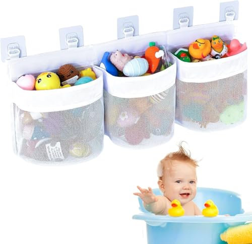 GSrenyu Bath Toys Organizer Net, Large Hanging Storage Holder with 3 Compartment 60cm Quick Drying Tidy Mesh Bag for Bathroom Toy with 5 Strong Self Adhesive Hooks