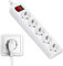 TECHZOCO Regleta Alargador con 5 Enchufes, Regleta de enchufes para el hogar, Base de enchufes schuko con Interruptor, MAX 3680W, 16A, 250V, H05VV-F 3G1m㎡, Blanco, Longitud del Cable 1.50 Metros