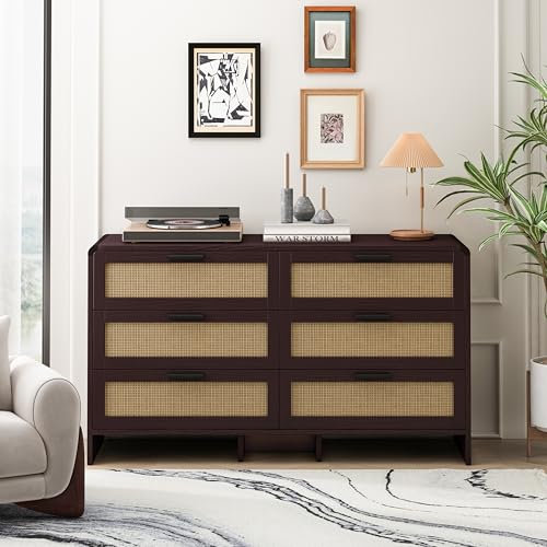 A ALFRESCOOL 130CM Arc Shaped Corner Cabinet, 6-Drawers Rattan Storage Cabinet Rattan Drawer, for Living Room Bedroom,and Kitchen,Brown