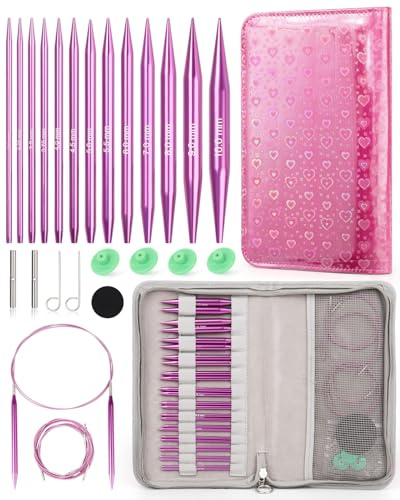 Aeelike Austauschbare Rundstricknadeln Set Metal, 13 Paar 3mm-10mm Stricknadeln, Rundstricknadel Set Austauschbar mit Etui und Zubehör für Strickbegeisterte, Lila Herz