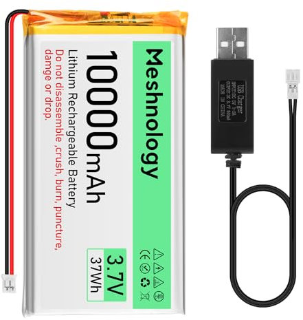 Meshnology Batería de litio de 3,7 V 10000 mAh con cable de carga USB 1163115 1S batería LiPo con placa de protección, cinta de goma aislada y enchufe micro PH2.0 para Arduino ESP32 módulo Board Drone