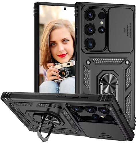 POUHYE Cover per Samsung Galaxy S24 Ultra 5G Custodia, Copriobiettivo Scorrevole Antiurto Grado Militare Case con 360° Magnetica Anello Supporto, Hard PC Back e TPU Bumper Cover Nero