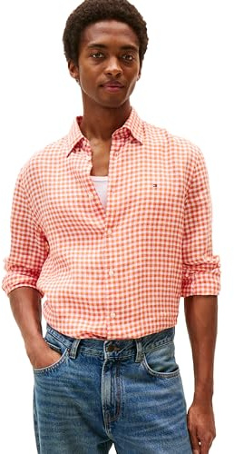 Tommy Hilfiger Chemise décontractée à Manches Longues en Lin boutonnée pour Homme, Coupe régulière, Orange Brillant/Carreaux, XXL