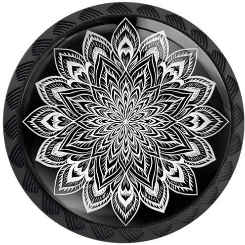 Artinhand Lot de 4 boutons d'armoire de cuisine et de salle de bain Motif mandala Blanc