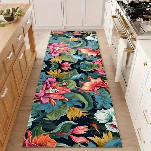 Vintage Floral Runner Rug for Hallway,65x300cm, Rustic Country Distressed Blue Red Color Floral Plant Non-Slip Washable Kitchen Bathroom Rugs, Soft Low Pile Easy Clean Floor Mat for Bedroom Bedside