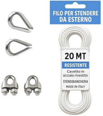 Filo per Stendere Bucato Esterno 20 m – Corda Acciaio Rivestita con 2 Moschettoni e 2 Redance – Robusto, Facile da Installare, Made in Italy – Ideale per Balconi, Terrazzi – Lemag srl