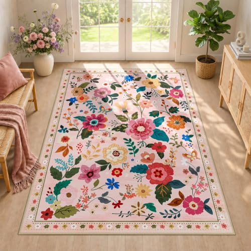DEFYNEE Rugs Living Room 120x180cm Pink, Machine Washable Floral Rug | Non-Slip Soft Low Pile Vintage Floral Carpet with Printed Design for Bedroom, Kitchen, Entryway, Lounge