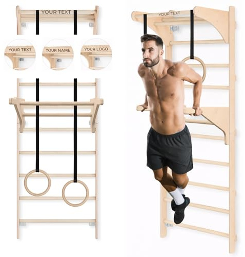 MAMOI® Wandgymnastikleiter für Erwachsene mit Dip-Barren, Turnringen und Trainingsgriff, erweiterte Trainingsstation für das Training zu Hause, personalisierte Ausführung