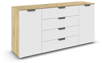 Rauch Möbel ADITIO, Kommode, Farbe Weiß/Eiche Artisan, Breite 160 cm | Sideboard im modernen Look, 2-türig, 4 Schubladen, Soft-Close-Funktion, für Schlafzimmer, Gästezimmer, Wohnzimmer, Flur