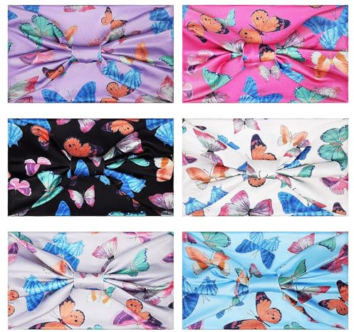 6 Breite Schmetterlings Sport Haarbänder aus Polyester für Frauen | Rutschfest und Elastisch, für Laufen und Andere Sportarten, Modisches Muster im 6 Stück-pack