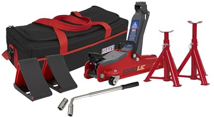 Sealey 1020LEBAGCOMBO Rangierwagenheber, 2 Tonnen, niedriger Einstieg, kurzes Fahrgestell, Rot und Zubehörtasche