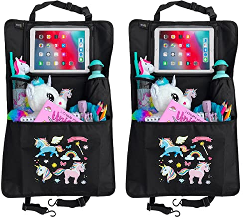 HECKBO 2x Auto Rücksitz Organizer mit verstellbarer Tablet Tasche für Tablets bis zu 20 Zoll mit Touch Folie – Einhorn - universal passend inkl. Thermotasche + Stretch-Netztasche - waschbar