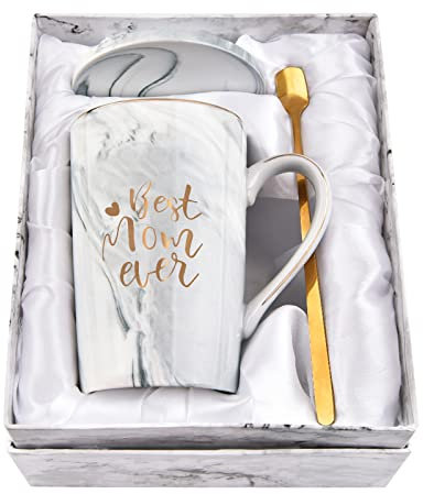 YHRJWN Tasse mit Aufschrift Best Mom Ever, Geschenk für Mutter und Frauen, tolles Geschenk für Muttertag, Weihnachten, Geburtstag, marmorierte Mutter-Tasse, 400 ml, Löffel, Untersetzer (grau)