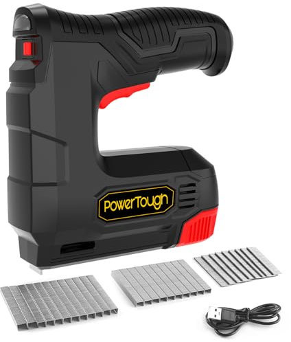 Powertough Agrafeuse sans fil 4 V / cloueuse Brad 2 en 1 avec câble USB 2 000 agrafes et clous (T90 : 8 mm x 1000 + 500 pièces de 6 mm, 18 GA : 10 mm x 500)