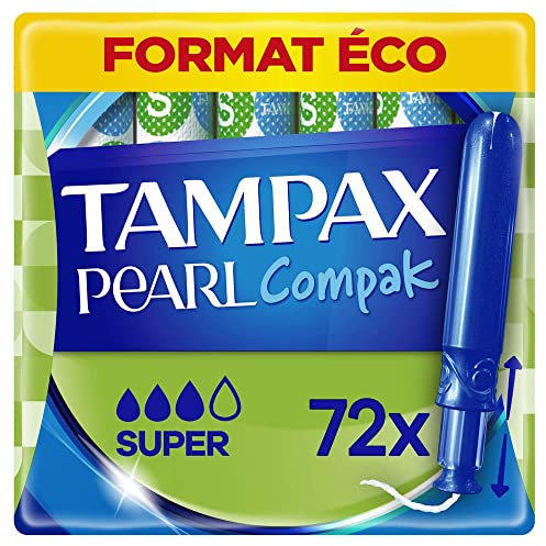 Tampax Compak Pearl, tamponi con applicatore, Super, formato Eco, 72 tasche singole (4 x 18), flusso medio ad albondanti, 3 comfort con applicatore morbido, tecnologia MotionFit, velato Douceur
