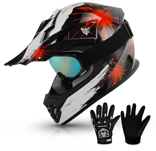 TCMT Youth Dirt Bike Helmet DOT Certified - Kids Full Face Motocross ATV Helmet with Goggles, Gloves and Helmet Bag for Off-Road, BMX, MX, Street Riding