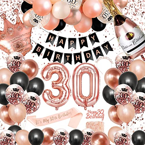 30. Geburtstag Dekorationen Frauen, SWPEED Rosegold Schwarz Deko Set 30th Ballons Happy Birthday Banner Girlande Konfetti luftballon Mädchen Frauen Geburtstag Deko 30 Geburtstag Party Deko Supplies