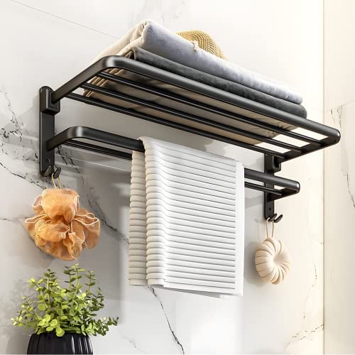 yozhch Schwarz Matt Handtuchhalter Ohne Bohren, Bad Selbstklebende Badetuchhalter, Badetuchstange mit 2 Handtuchhaken, Wandmontage Doppelt Handtuchstange für Badezimmer, Aluminium (58cm)